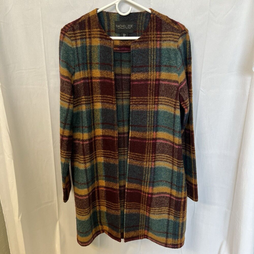 Rachel Zoe S Purple Yellow Plaid Wool Blend Open Blazer Jacket Coat Fall Autumn‎